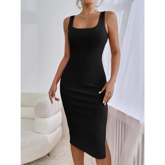 Dresses & Skirts - Square neck Ribbed Knit Split Thigh Tank midi Dress black